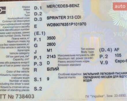 Белый Мерседес Sprinter, объемом двигателя 2.14 л и пробегом 326 тыс. км за 46000 $, фото 9 на Automoto.ua