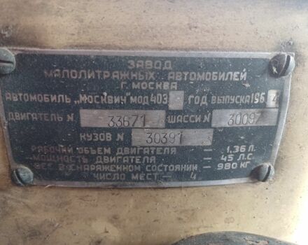 Желтый Москвич / АЗЛК 403, объемом двигателя 0 л и пробегом 24 тыс. км за 3200 $, фото 14 на Automoto.ua