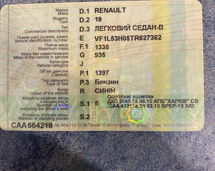 Синій Рено 19, об'ємом двигуна 1.4 л та пробігом 278 тис. км за 1400 $, фото 17 на Automoto.ua