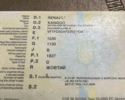 Жовтий Рено Кєнгу, об'ємом двигуна 1.83 л та пробігом 354 тис. км за 1800 $, фото 7 на Automoto.ua