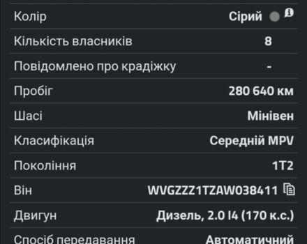 Серый Фольксваген Туран, объемом двигателя 2 л и пробегом 334 тыс. км за 8800 $, фото 22 на Automoto.ua