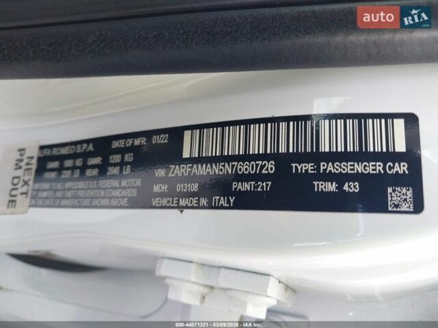 Білий Альфа Ромео Джулія, об'ємом двигуна 2 л та пробігом 38 тис. км за 15200 $, фото 7 на Automoto.ua