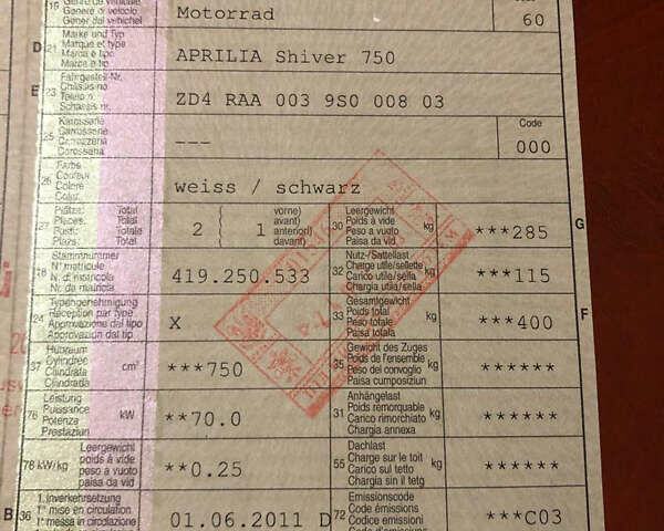 Белый Априлия Шивер, объемом двигателя 0.75 л и пробегом 57 тыс. км за 4999 $, фото 12 на Automoto.ua