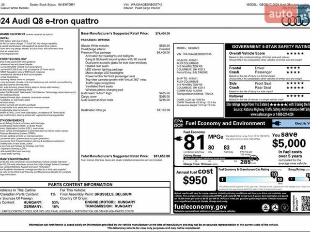 Белый Ауди Q8 e-tron, объемом двигателя 0 л и пробегом 63 тыс. км за 47800 $, фото 61 на Automoto.ua