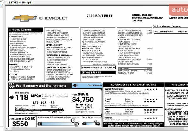 Синий Шевроле Bolt EV, объемом двигателя 0 л и пробегом 49 тыс. км за 16550 $, фото 93 на Automoto.ua