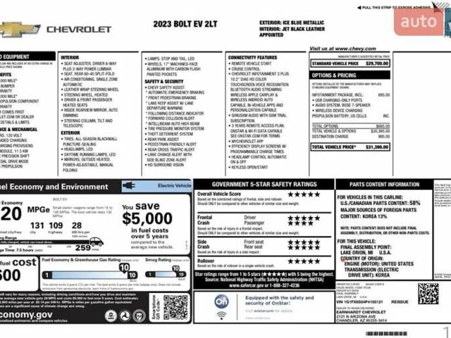 Синий Шевроле Bolt EV, объемом двигателя 0 л и пробегом 16 тыс. км за 19400 $, фото 20 на Automoto.ua