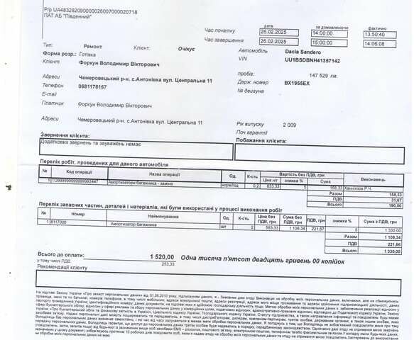 Синий Дачия Сандеро, объемом двигателя 1.15 л и пробегом 154 тыс. км за 3550 $, фото 19 на Automoto.ua