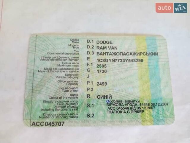 Синий Додж Рам Ван, объемом двигателя 2.5 л и пробегом 248 тыс. км за 5000 $, фото 13 на Automoto.ua