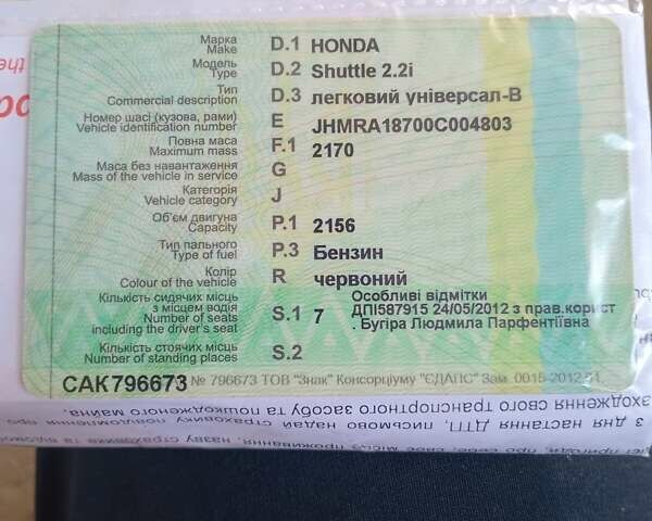 Червоний Хонда Шатл, об'ємом двигуна 2.2 л та пробігом 332 тис. км за 2850 $, фото 14 на Automoto.ua
