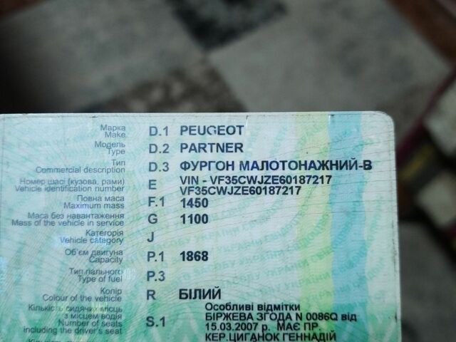 Белый Пежо Partner, объемом двигателя 2 л и пробегом 350 тыс. км за 1650 $, фото 6 на Automoto.ua
