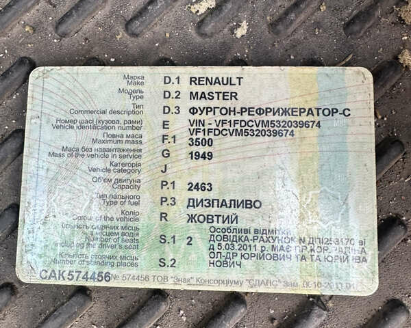 Желтый Рено Мастер, объемом двигателя 2.5 л и пробегом 542 тыс. км за 5700 $, фото 6 на Automoto.ua